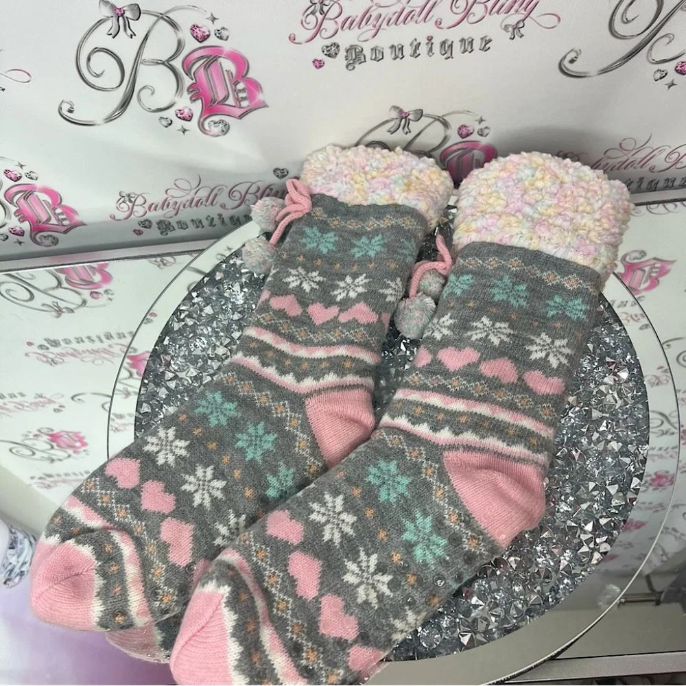 Slippers Pom Poms hearts y2k cotton candy Sherpa fluff grip on bottom warm socks